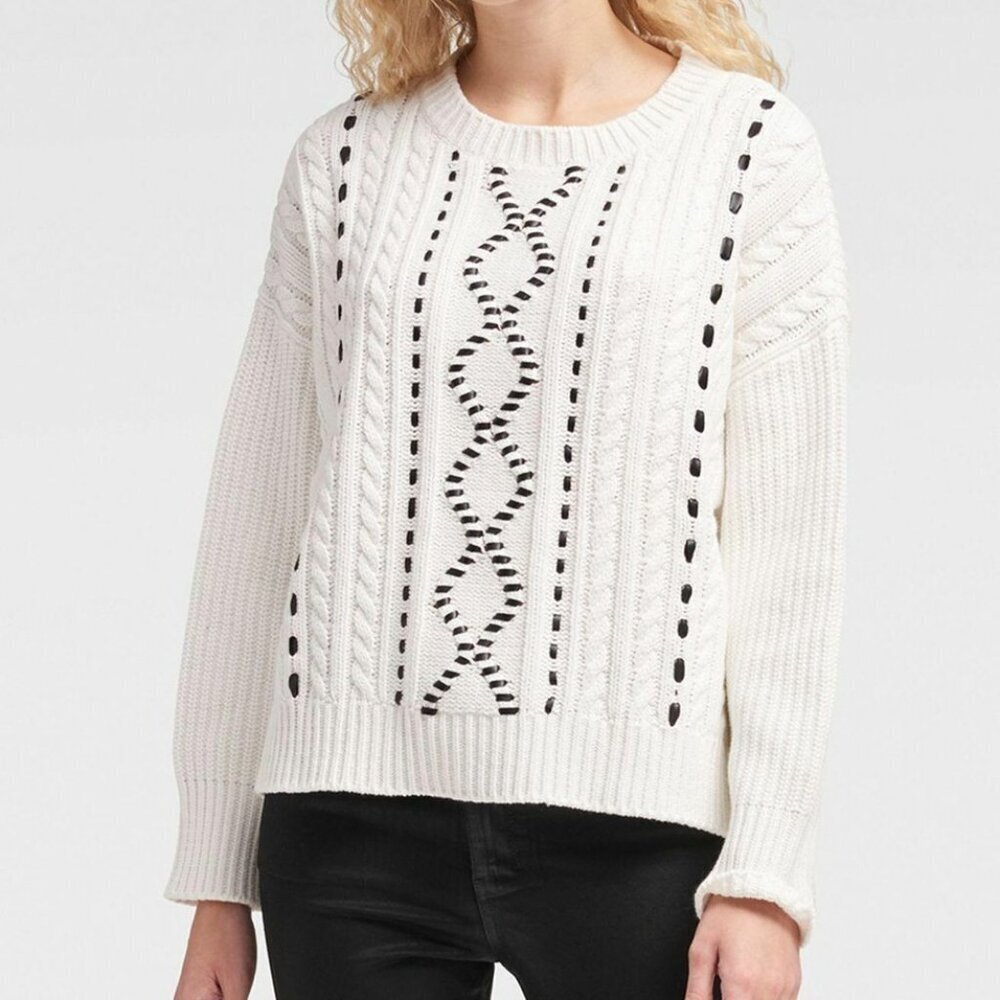 DKNY sweater large oversized white black faux leather crewneck